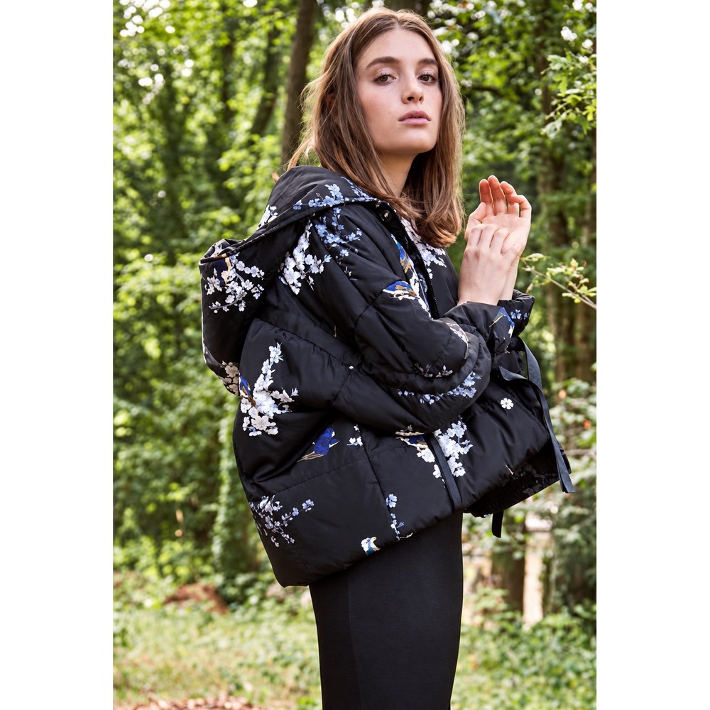 Maje Guela Floral Bird Print Hooded Puffer Jacket Black Designer Winter Coat OS